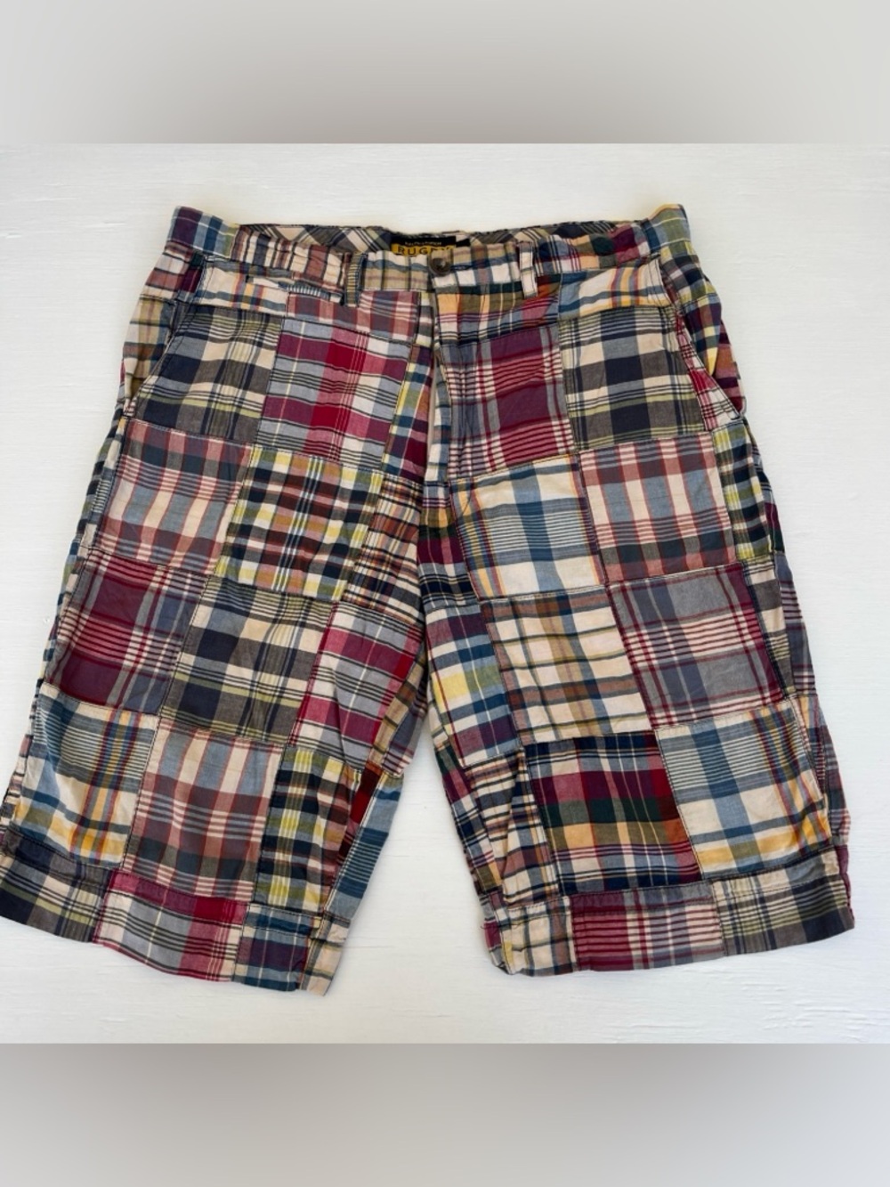RALPH LAUREN RUGBY Vintage Madras Plaid Patchwork Shorts 10 in Preppy Size 32